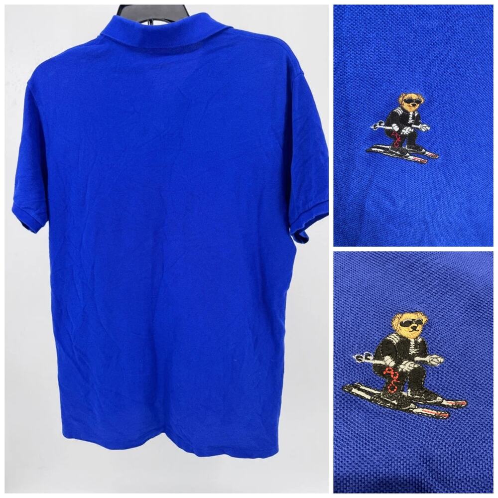 Y2k Polo Ralph Lauren Shirt XL Skiing Bear Logo Royal Blue Custom Fit Bear Logo - Picture 2 of 4